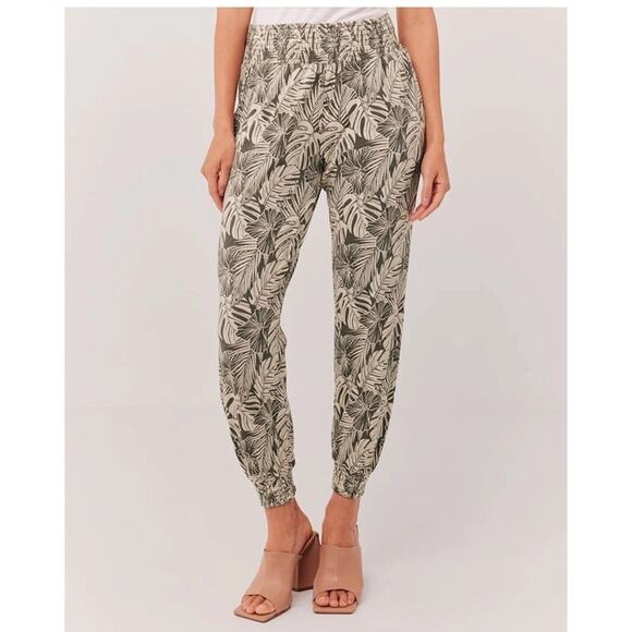 Pact Women's Small Beige Black Palm Print Organic Cotton Pull On Jogger Pants S - Picture 1 of 11